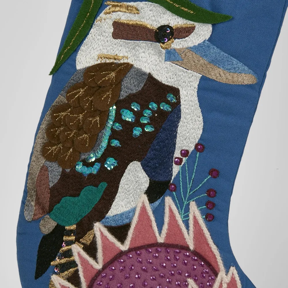 Blue Kookaburra Embroidered Australiana Themed Christmas Stocking