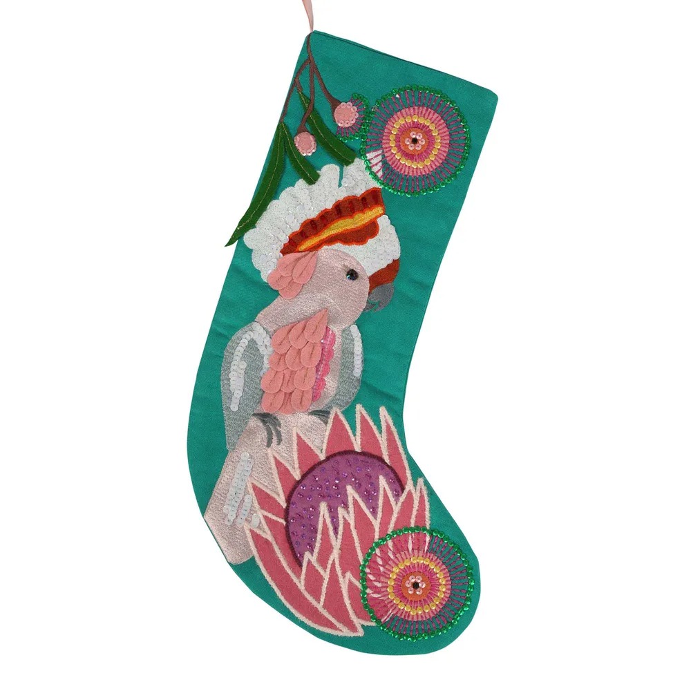 Turquoise Embroidered Christmas Stocking with a Galah