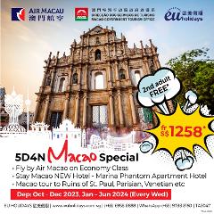 5D4N Macao Special By Air Macau 1for1 (2nd Adult FREE) Special Departure 