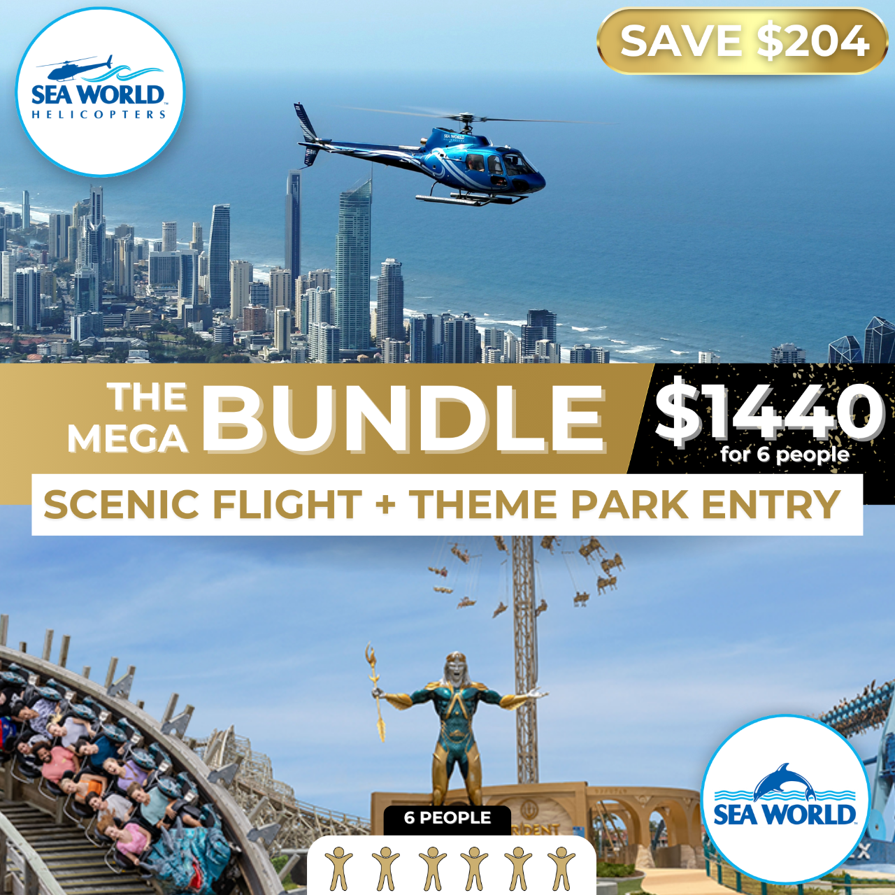 The Mega Bundle - Coastal City Experience & Sea World Park Pass for 6 People