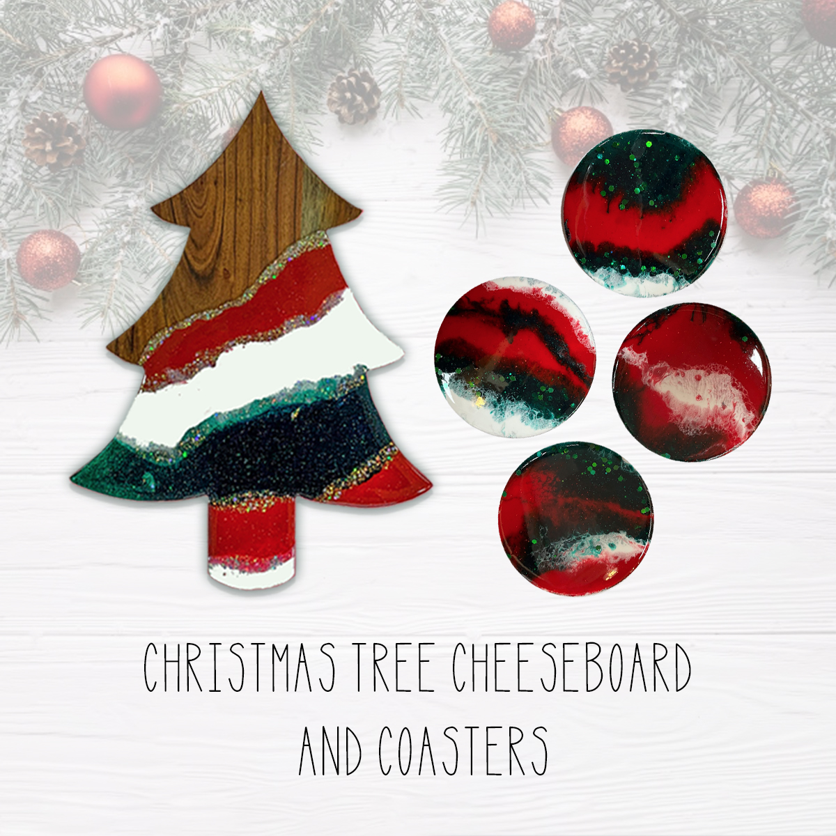 zChristmas Edition Create n Sip - Resin Art on Christmas Tree Cheeseboard with 4 coasters