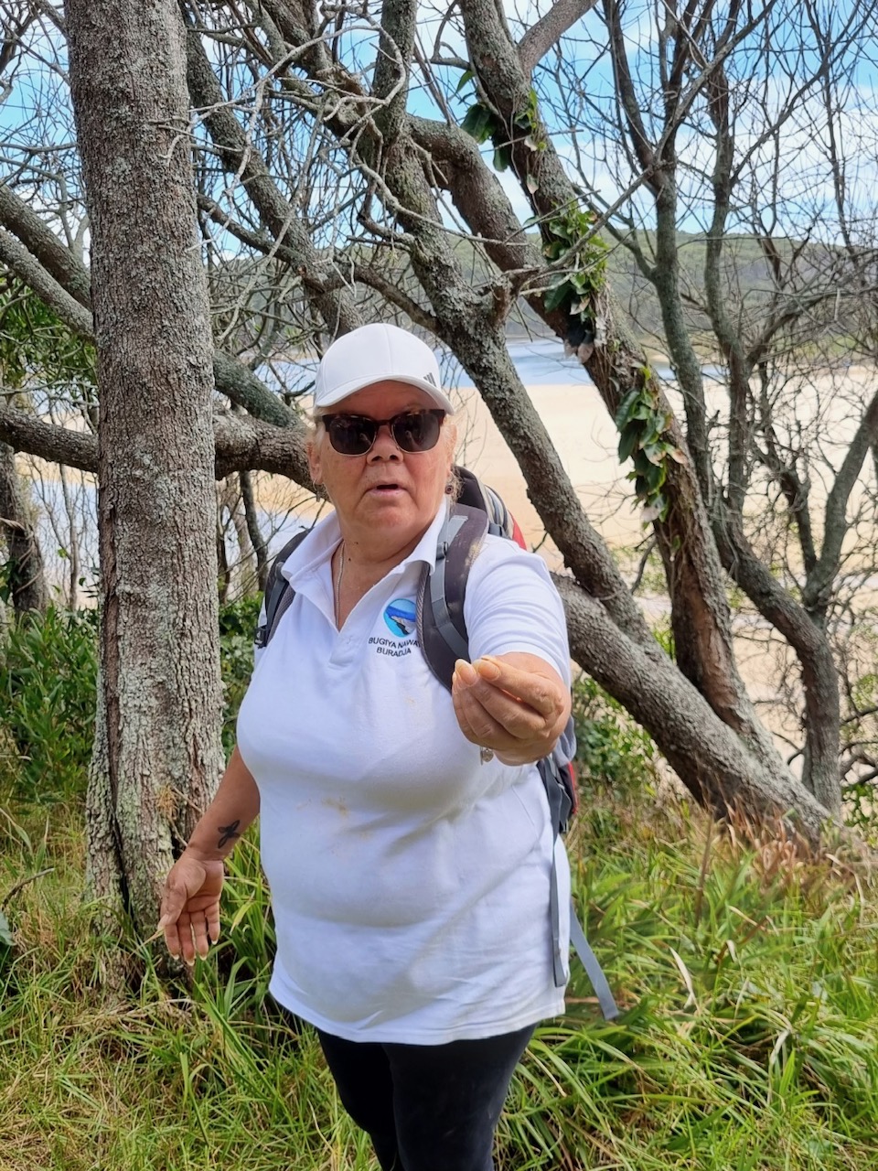 WALKING ON COUNTRY TOUR AT MYSTERY BAY WITH FIRST NATIONS ELDER DEIDRE MARTIN FROM BUGIYA NAWAY BURIDJA