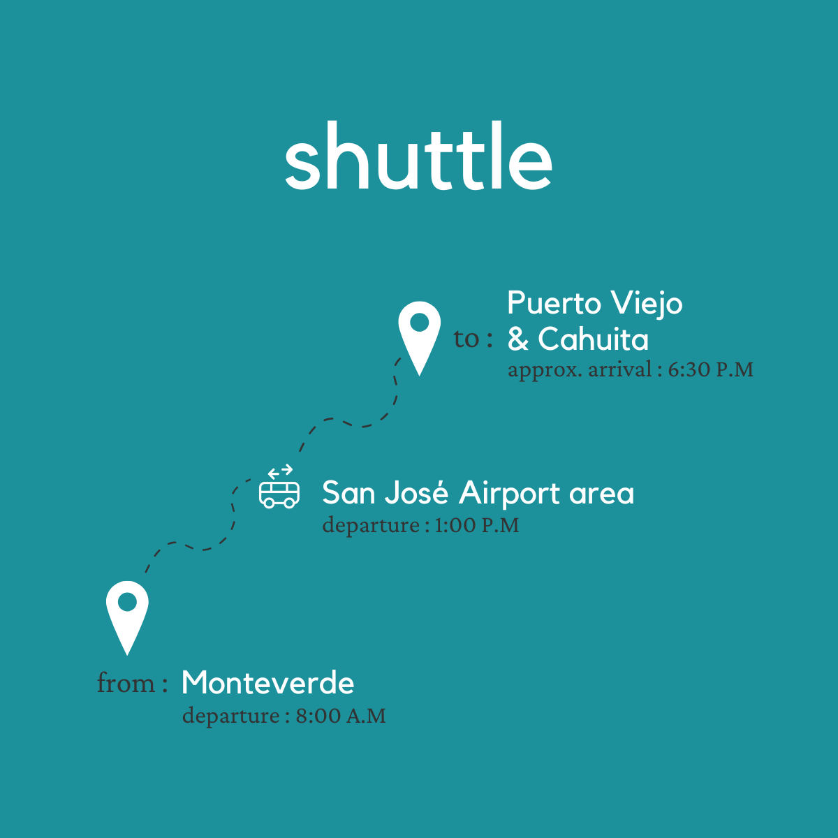 To Puerto Viejo & Cahuita From Monteverde (2 shuttles transfer)