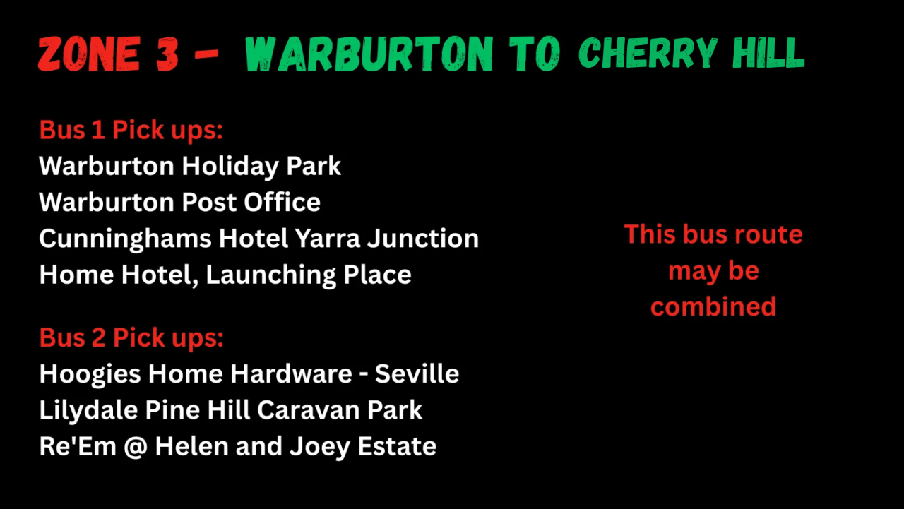 Comedy in the Vines - Zone 3 - Warburton, Launching Place Mt Evelyn, Pine Hill Caravan Park to Cherry Hill