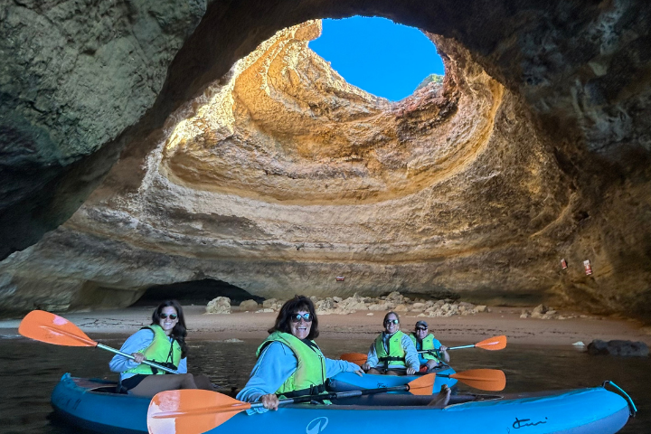 From Faro: Benagil Cave Kayak Tour, Algar Seco, Boneca’s Cave, Cliff Jumping & Free Time in Carvoeiro