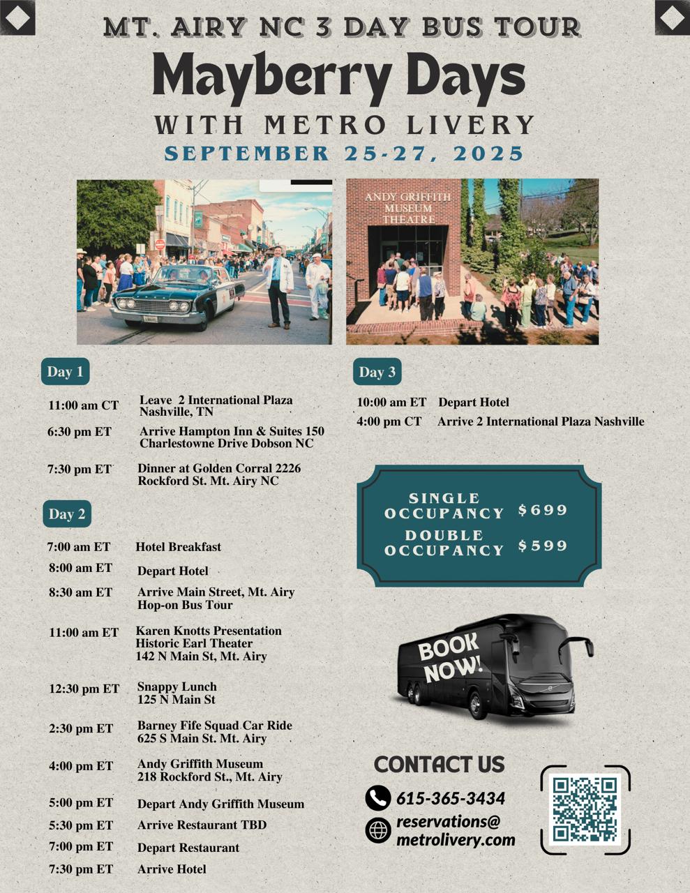 MT. AIRY NC 3 DAY BUS TOUR | Mayberry Days WITH METRO LIVERY