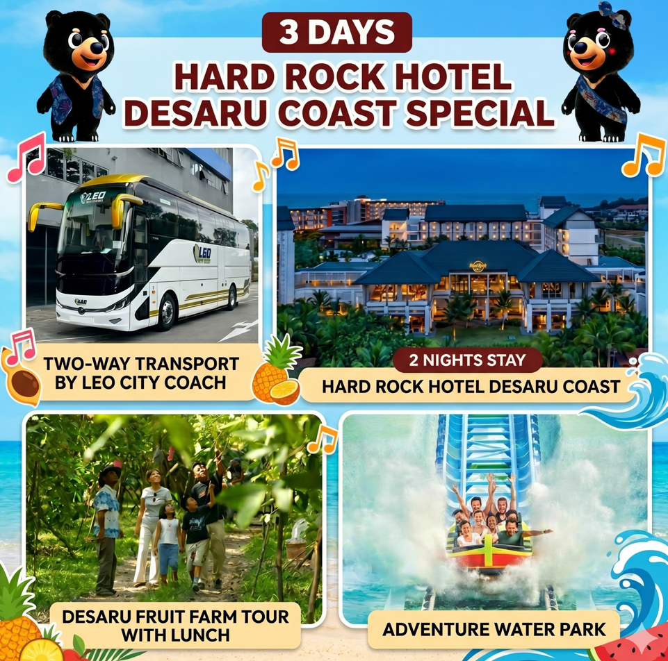3 Days Hard Rock Hotel Desaru Coast with Adventure Water Park & Desaru Fruit Farm Tour with Lunch