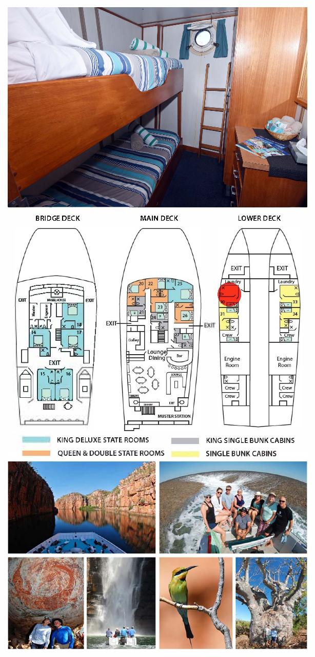 Cabin 30 -  Darwin to Broome -  Single Bunk Cabin on the Lower Deck - Solo Use - Kimberley 13 Night Adventure Cruise - Agent