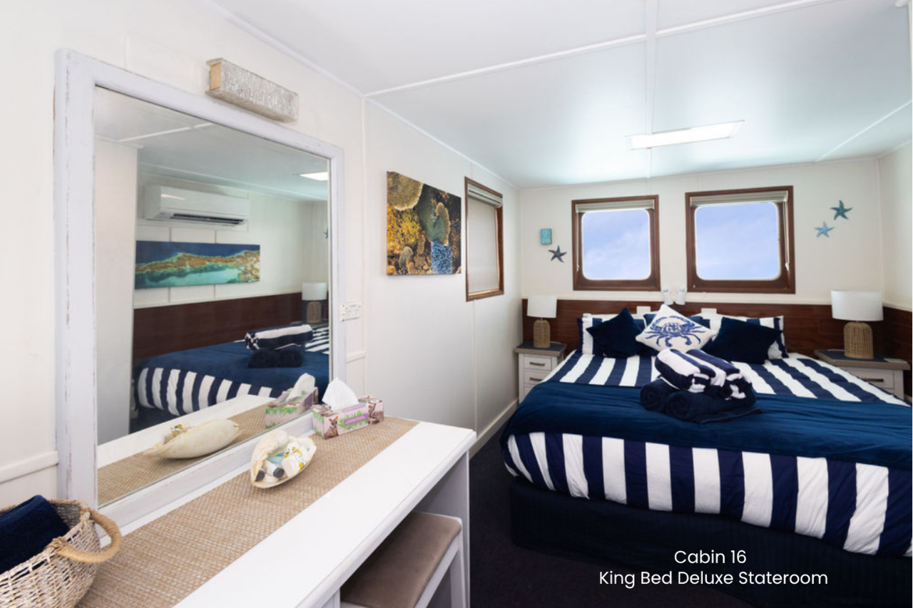 Cabin 16 - King Bed Deluxe Stateroom on the Bridge Deck - Abrolhos Islands Cruise - Boat out & Boat back