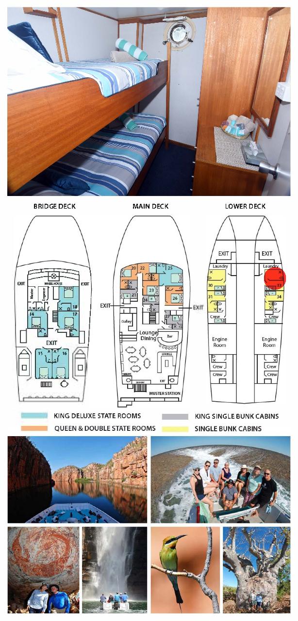 Cabin 33 - Broome to Wyndham - Single Bunk Cabin on the Lower Deck - Twin Share - Kimberley 13 Night Adventure Cruise - Agent