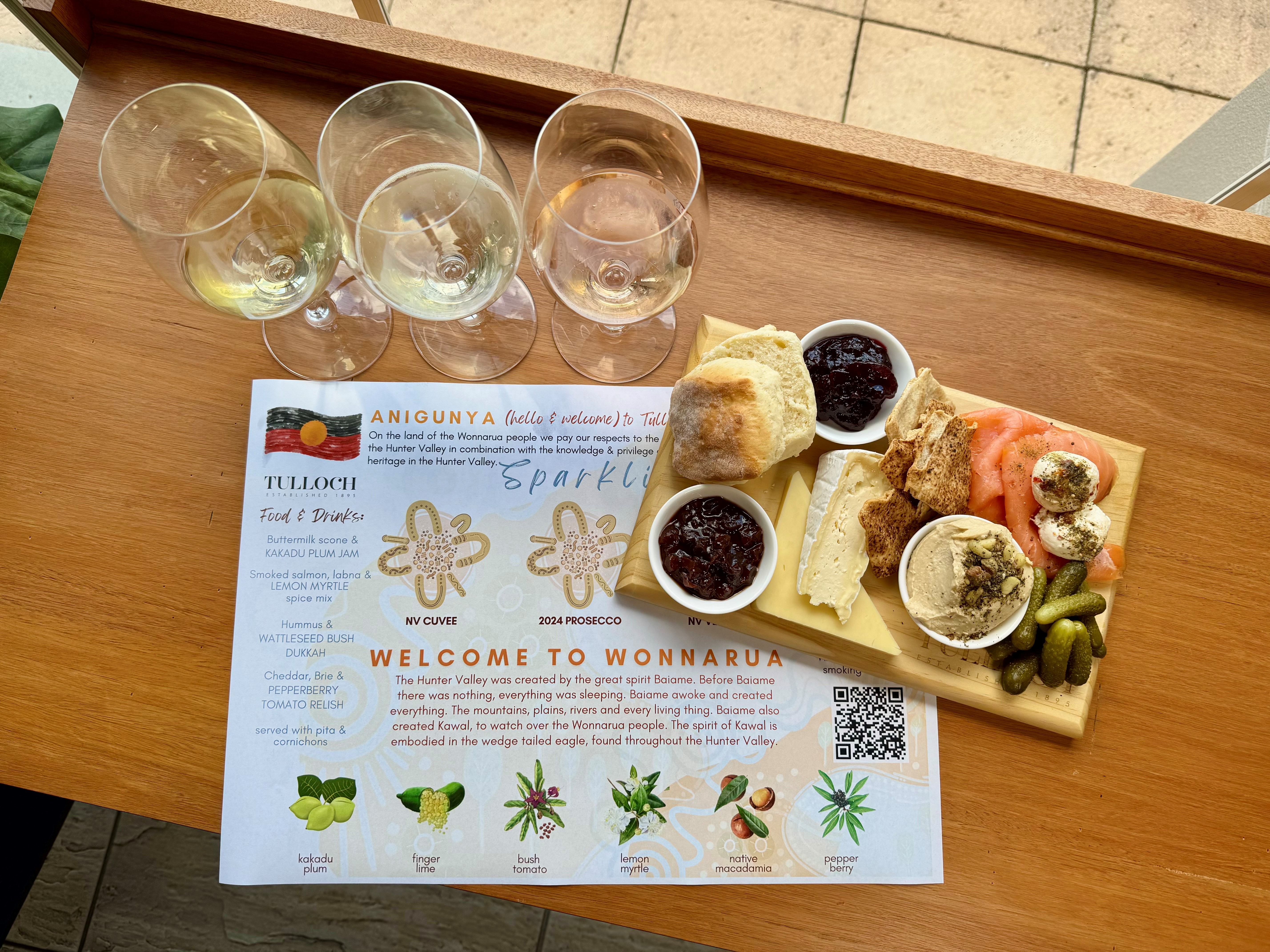 Tulloch Wines 'Welcome to Wonnarua' Sparkling Tasting & Brunch Board with native ingredients