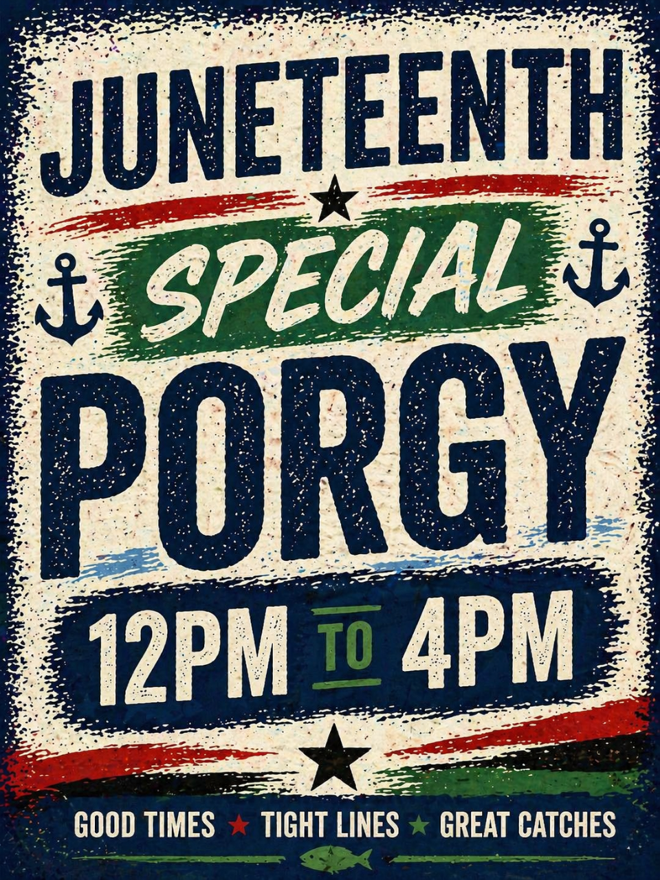 PORT JEFFERSON JUNETEENTH SPEICAL 12:00 PM to 4:00 PM HALF-DAY PORGIES