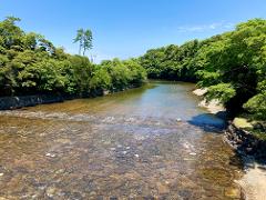 A clear river winds through a lush green landscape under a bright blue sky.