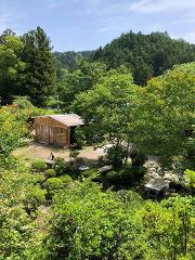 Washi Art, Draw a Picture While Making Washi Paper from Raw Materials in Tokyo's Countryside A wooden building sits amidst lush greenery and trees in a rural setting, possibly a workshop for making washi paper.