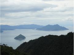 A serene landscape featuring a calm bay with islands, observed from a vantage point on a forested hill, under an overcast sky.