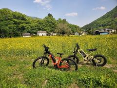Two e-bikes are parked in a grassy field of yellow flowers with houses and green hills in the background.