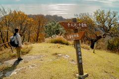 A lone hiker surveys a scenic view of the sea and surrounding hills on Kinkasan Island, Japan, marked by a wooden directional sign.