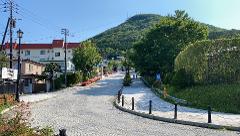 A scenic view of a cobblestone street in Hakodate, Japan, leading uphill toward a lush green mountain under a clear blue sky.