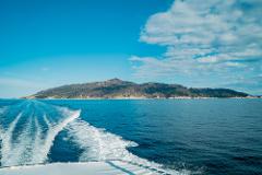 A boat leaves a white wake as it travels across blue ocean waters toward a green, tree-covered island under a bright blue sky with scattered clouds.