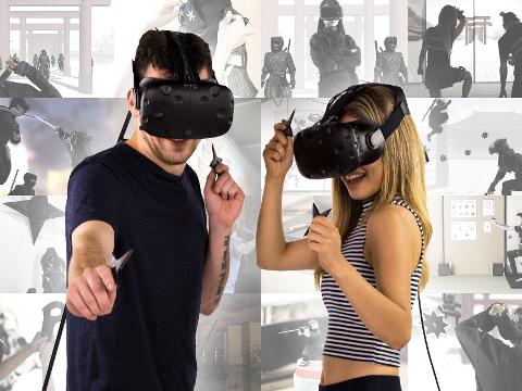 A man and a woman wear VR headsets and hold throwing stars, overlaid with images of ninjas and Japanese architecture.