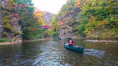 A scenic view of people canoeing on a river surrounded by colorful autumn foliage and rocky cliffs with a red bridge in the distance.
