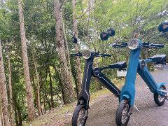 Two rental electric scooters, one black and one blue, are parked on a path lined with trees, ready to be ridden on a sacred river route.