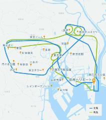 Sunset Departure! Tokyo Helicopter Cruise for 5 – Experience Dusk and Nighttime Cityscapes (Tokyo) A map of Tokyo shows two helicopter cruise routes, one in blue for the sunset departure and one in green for the night cruise, highlighting various landmarks.