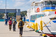 People in casual clothing and some in work uniforms walk along a pier next to a white ship named "MERMAID II".