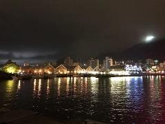 A picturesque night view of a harbor illuminated by lights reflecting on the water, with buildings and a mountain in the background.