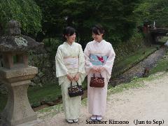 两名身穿浅色夏季和服的女子，每人手拿一个编织袋，站在日本公园里一条小溪旁的石灯笼旁，小溪里有鹿在吃草。