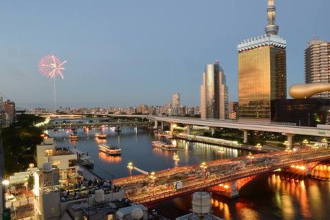 A fireworks display lights up the sky over a city with a river, bridges, and illuminated buildings at dusk.