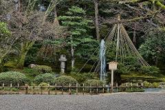 A serene Japanese garden features a stone lantern, a water fountain, and bamboo structures amidst lush greenery and trees.