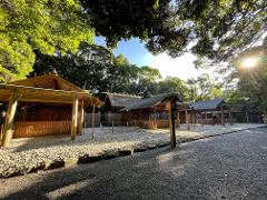 A sun-dappled pathway leads to traditional Japanese wooden structures under a canopy of lush green trees, with the sun peeking through the branches.