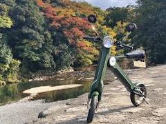 An electric bike is parked outdoors with a river and colorful autumn trees in the background.
