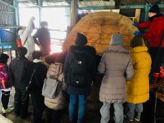A group of people in winter coats stand in front of a large wooden spool, with one person in a red jacket pointing at it.