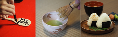 The image shows three scenes: someone writing on a spoon, matcha being whisked in a bowl, and a plate of onigiri with soup.