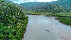 An aerial view of the Nakaragawa River winding through lush green forests and hills, with a traditional sabani boat carrying tourists navigating its waters.