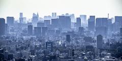 Private Helicopter Tour of Tokyo A hazy, blue-toned panorama showcases a dense cityscape with numerous tall buildings stretching into the distance.