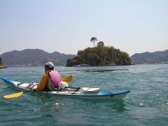A person is kayaking on a body of water with a tree-covered island in the background.