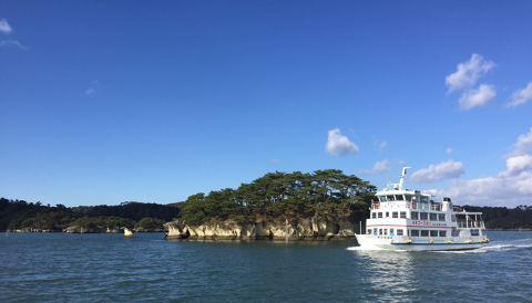A white cruise ship sails past scenic islands covered in trees under a clear blue sky.