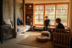 Three people are sitting and chatting in a cozy room with a wooden sofa, rug, and large windows.