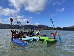A group of kayakers in colorful boats enjoy a sunny day on a lake with a scenic mountainous backdrop.