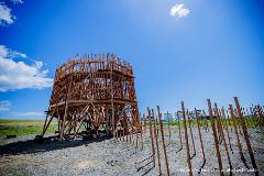 "Reborn-Art" Tour: Experience Contemporary Art on the Oshika Peninsula A large wooden structure with a lattice-like design stands on a construction site under a clear blue sky.
