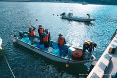 A group of people in orange life vests stand in a boat on the water near a dock, preparing for a food adventure.