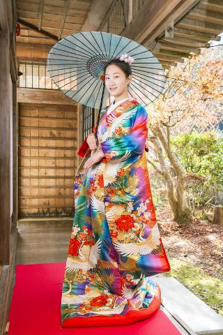 鮮やかな着物を着た女性が、伝統的な日本の風景の中で日傘をさしながら優雅に立っています。