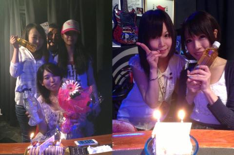 The image shows two groups of people celebrating a birthday with cake, gifts, and beverages.