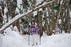 A woman in a purple plaid jacket and white pants treks through a snowy forest with ski poles.