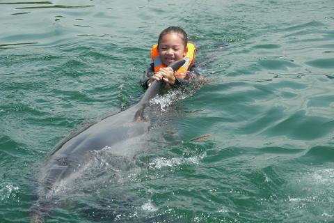 A smiling girl with a life vest holds onto a dolphin as they swim together in the ocean.