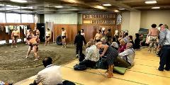 A plan to observe the morning practice of the sumo wrestles Spectators watch sumo wrestlers practice in a dojo.