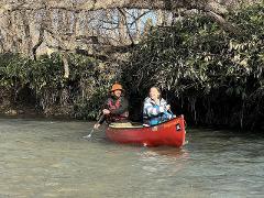 A man and a woman are paddling a red canoe down a river, surrounded by trees and lush vegetation, enjoying a scenic canoe tour.